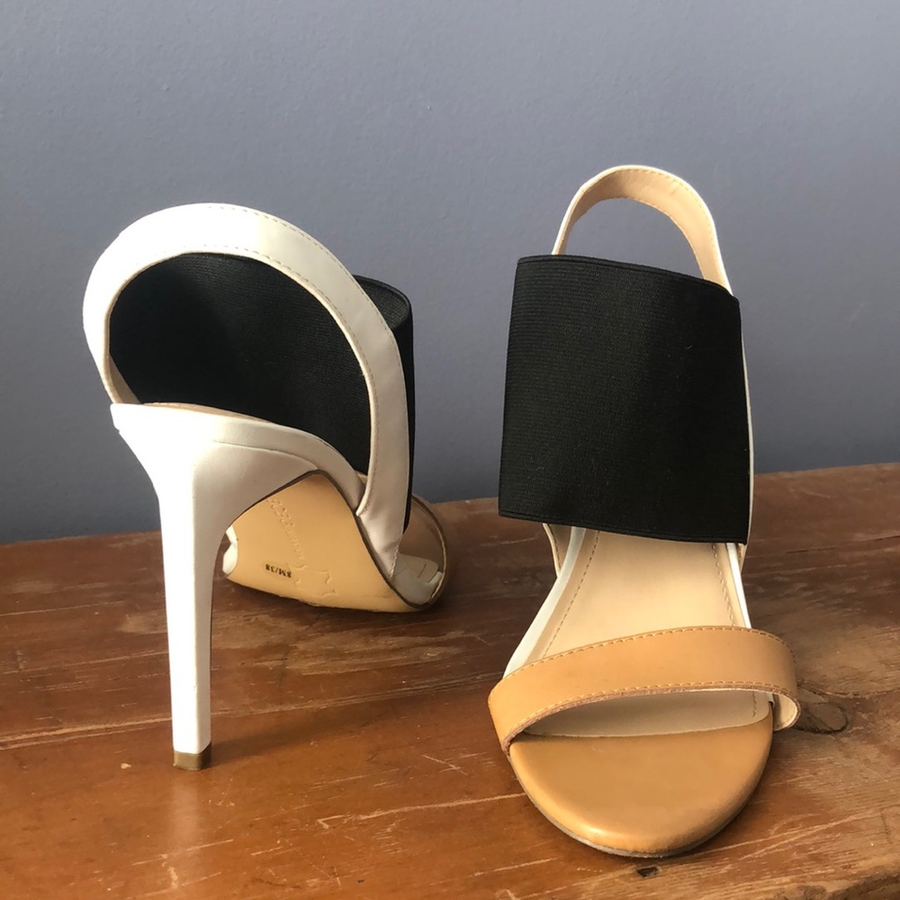 BCBG black nude and white sling back heels.